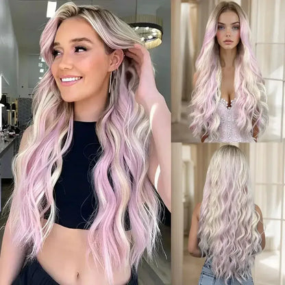 28 Inch Synthetic Wig Light Brown with Highlights - Long Wavy Hair for Everyday and Party Looks - 