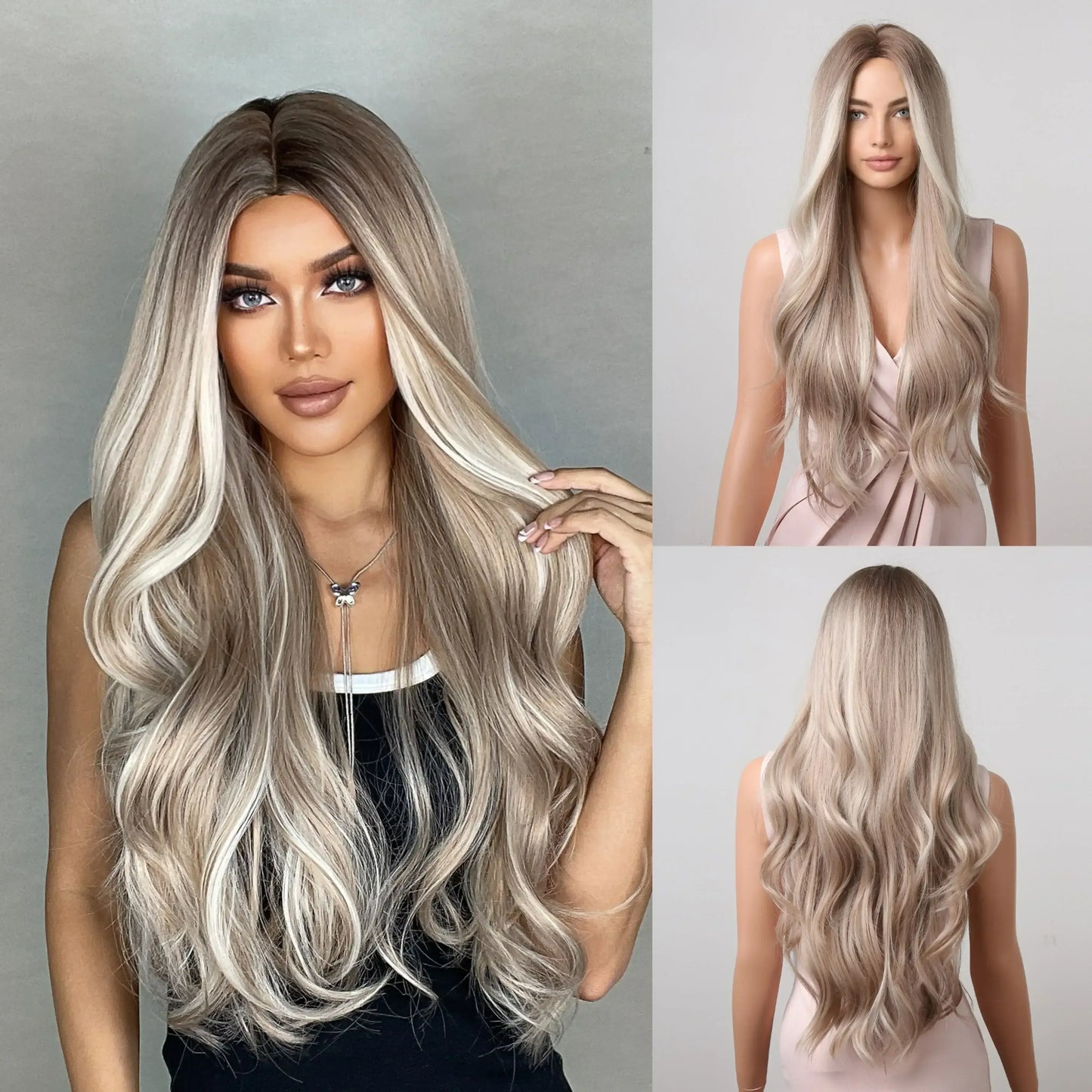 28 Inch Synthetic Wig Light Brown with Highlights - Long Wavy Hair for Everyday and Party Looks - 