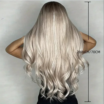 28 Inch Synthetic Wig Light Brown with Highlights - Long Wavy Hair for Everyday and Party Looks - 