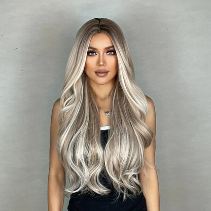 28 Inch Synthetic Wig Light Brown with Highlights - Long Wavy Hair for Everyday and Party Looks - 