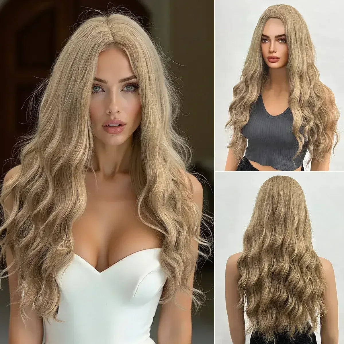 28 Inch Synthetic Wig Light Brown with Highlights - Long Wavy Hair for Everyday and Party Looks - 