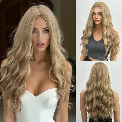 28 Inch Synthetic Wig Light Brown with Highlights - Long Wavy Hair for Everyday and Party Looks - 