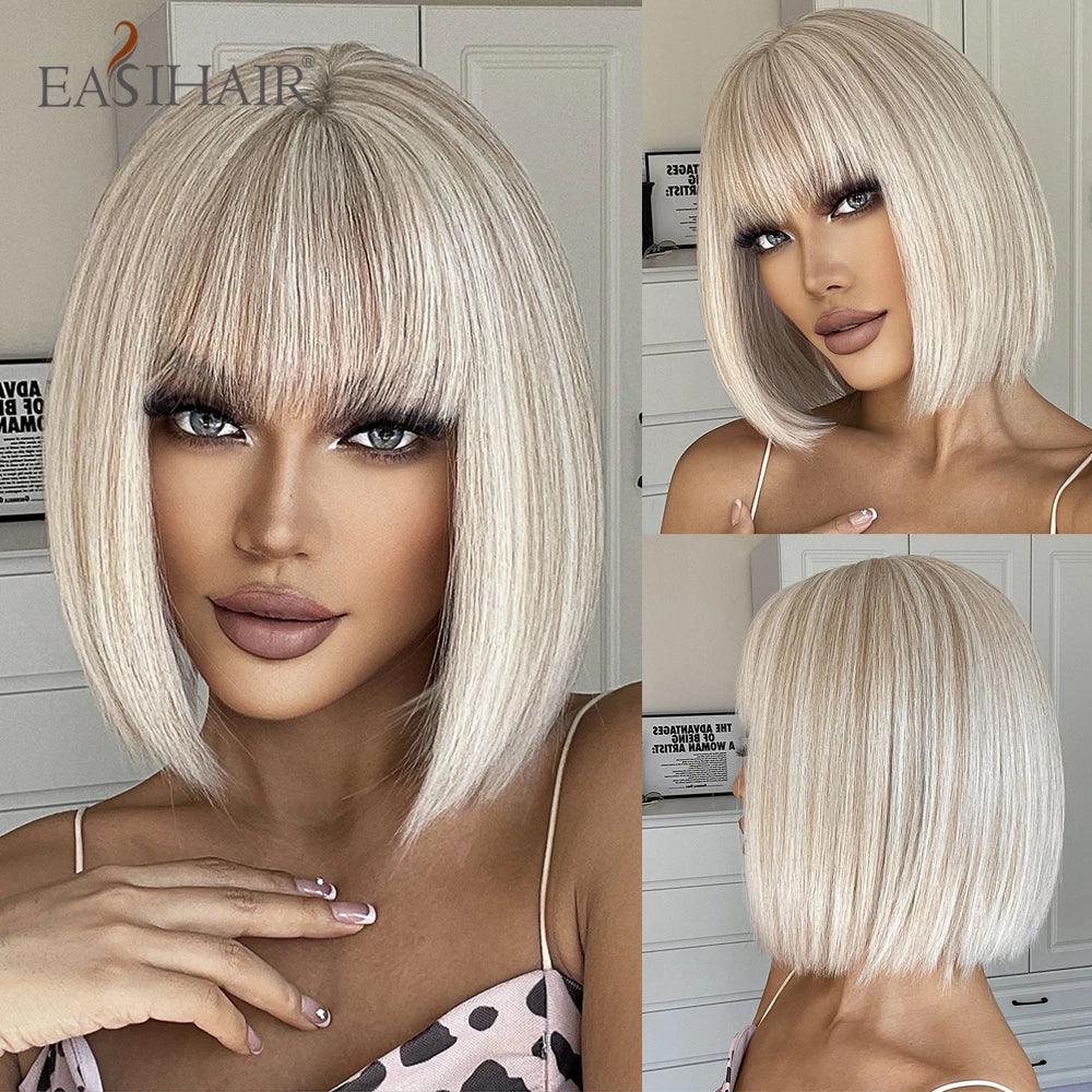 Synthetic Bob Wigs for Women - Short Straight Light Blonde Beige Natural Hair Wigs for Daily Cosplay, Heat Resistant - Wig-LC2054-1