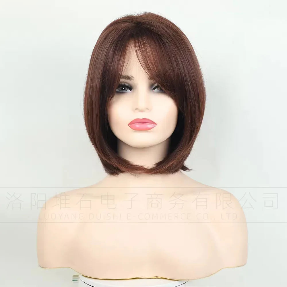 Women's Short Bob Synthetic Wig with Side Part Slanted Bangs – Transparent Lace Cap, High-Temperature Fiber, Small Size