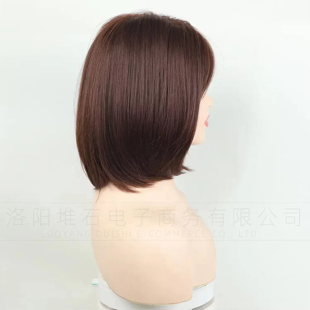Women's Short Bob Synthetic Wig with Side Part Slanted Bangs – Transparent Lace Cap, High-Temperature Fiber, Small Size.