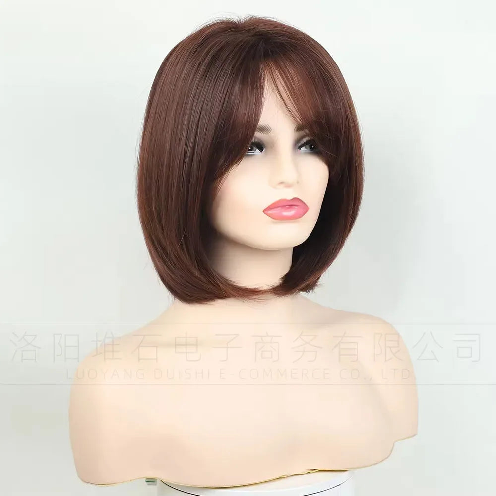 Women's Short Bob Synthetic Wig with Side Part Slanted Bangs – Transparent Lace Cap, High-Temperature Fiber, Small Size