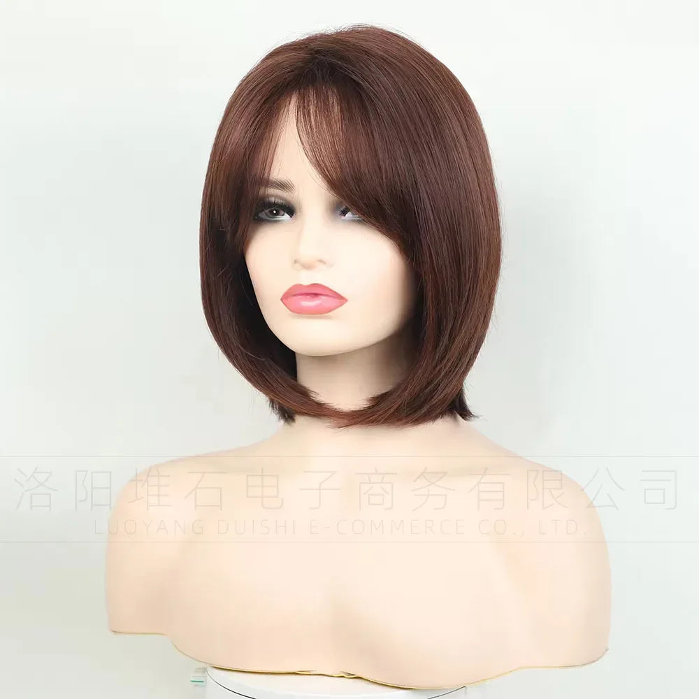 Women's Short Bob Synthetic Wig with Side Part Slanted Bangs – Transparent Lace Cap, High-Temperature Fiber, Small Size