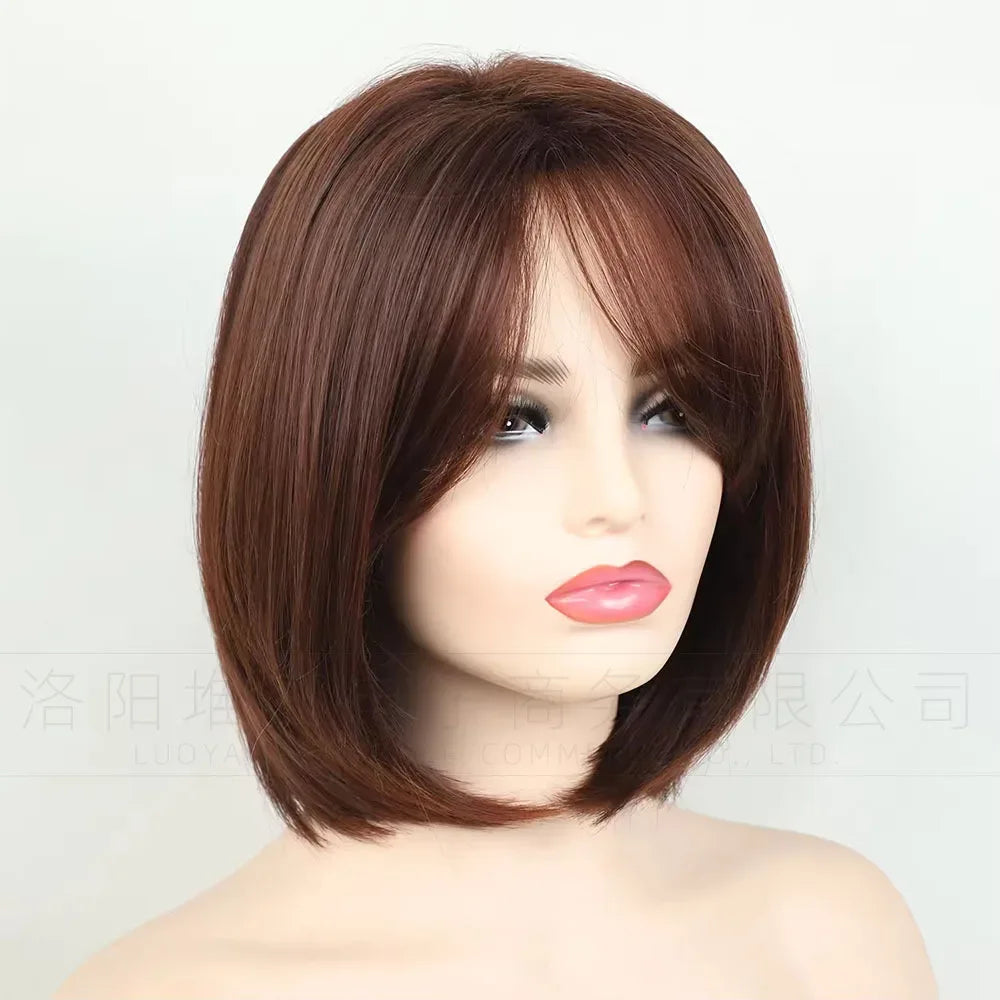 Women's Short Bob Synthetic Wig with Side Part Slanted Bangs – Transparent Lace Cap, High-Temperature Fiber, Small Size