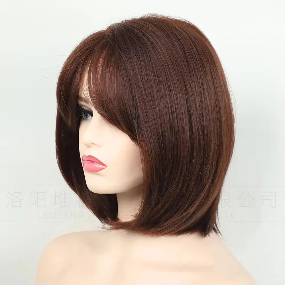 Women's Short Bob Synthetic Wig with Side Part Slanted Bangs – Transparent Lace Cap, High-Temperature Fiber, Small Size