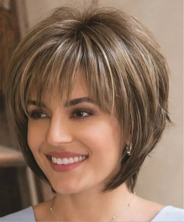 Women's Short Bob Synthetic Wig with Side Part Slanted Bangs – Transparent Lace Cap, High-Temperature Fiber, Small Size