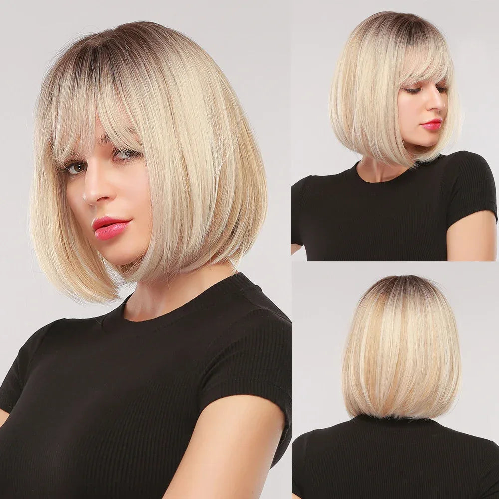 LOUIS FERRE Pink Straight Bob Wig for Women - Short Synthetic Wig with Bangs, Cute Heat Resistant Cosplay Hairstyle.