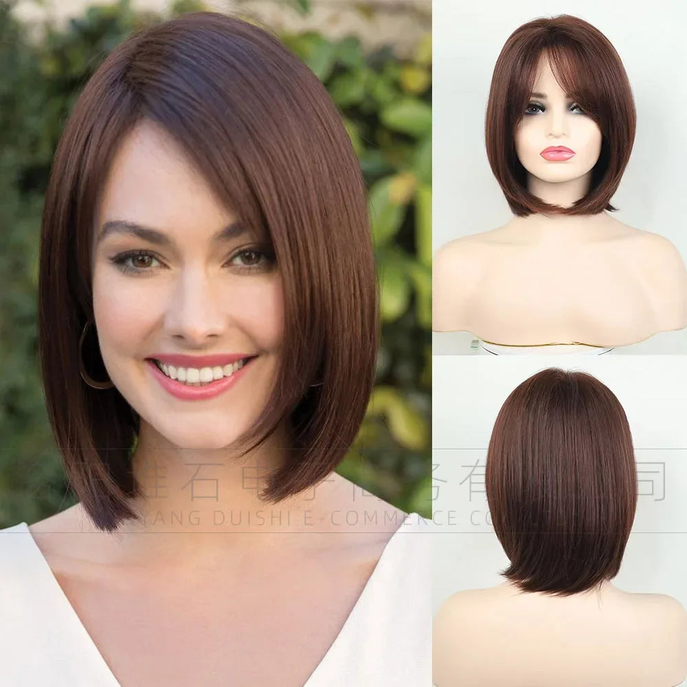Women's Short Bob Synthetic Wig with Side Part Slanted Bangs – Transparent Lace Cap, High-Temperature Fiber, Small Size