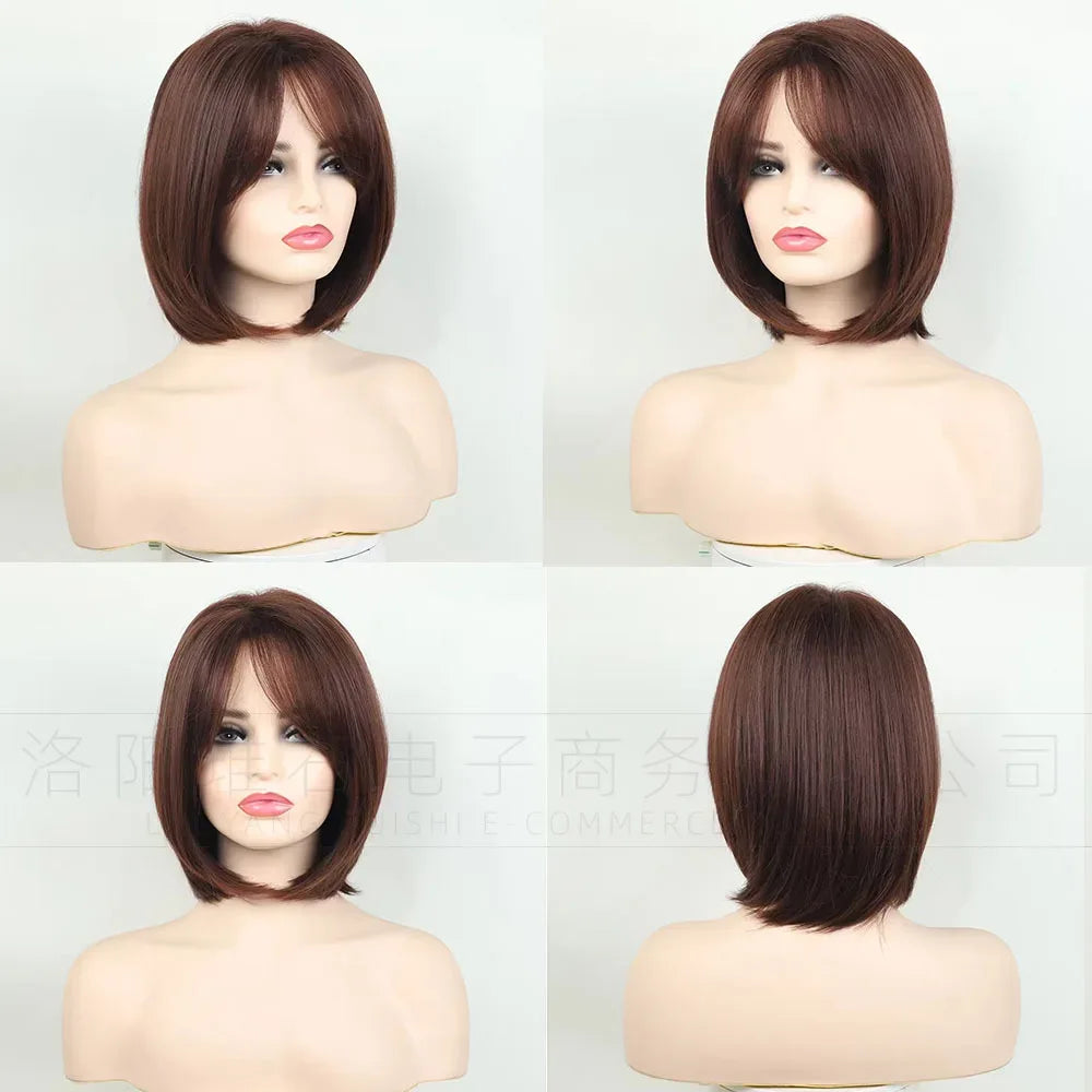 Women's Short Bob Synthetic Wig with Side Part Slanted Bangs – Transparent Lace Cap, High-Temperature Fiber, Small Size