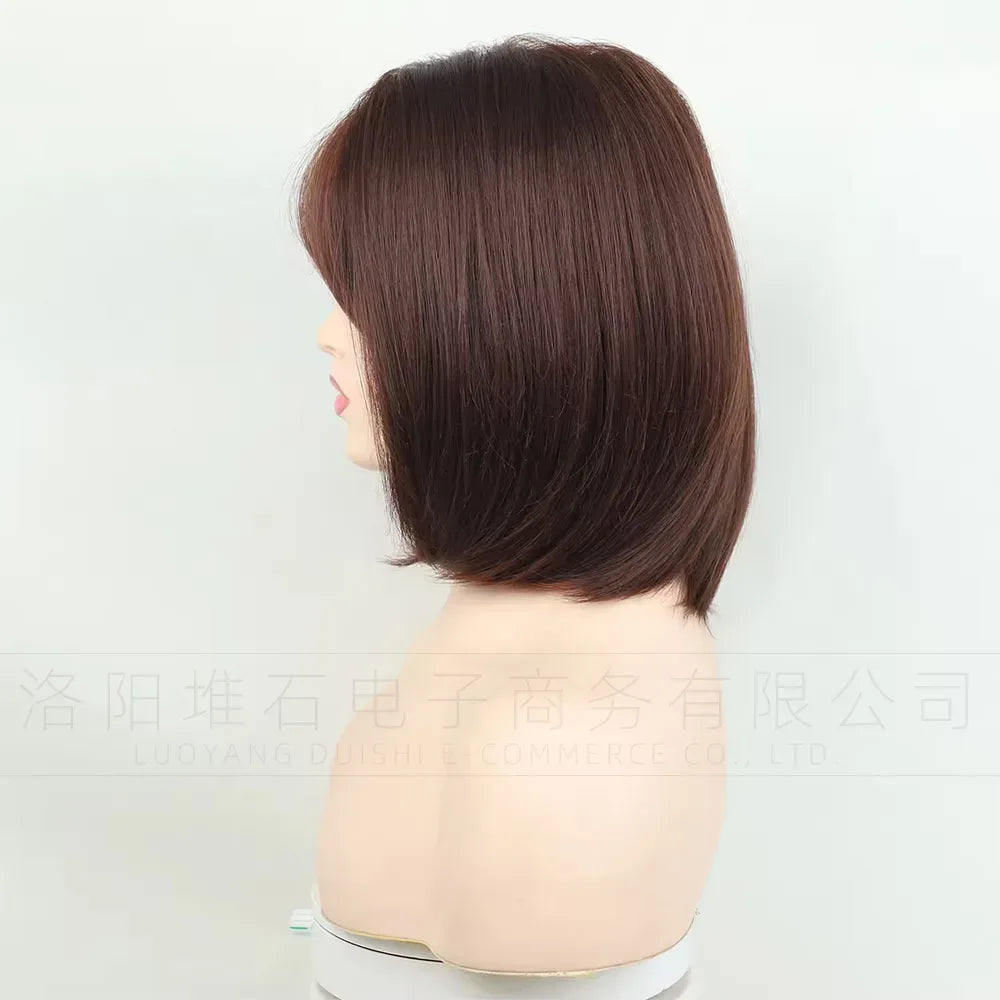 Women's Short Bob Synthetic Wig with Side Part Slanted Bangs – Transparent Lace Cap, High-Temperature Fiber, Small Size.