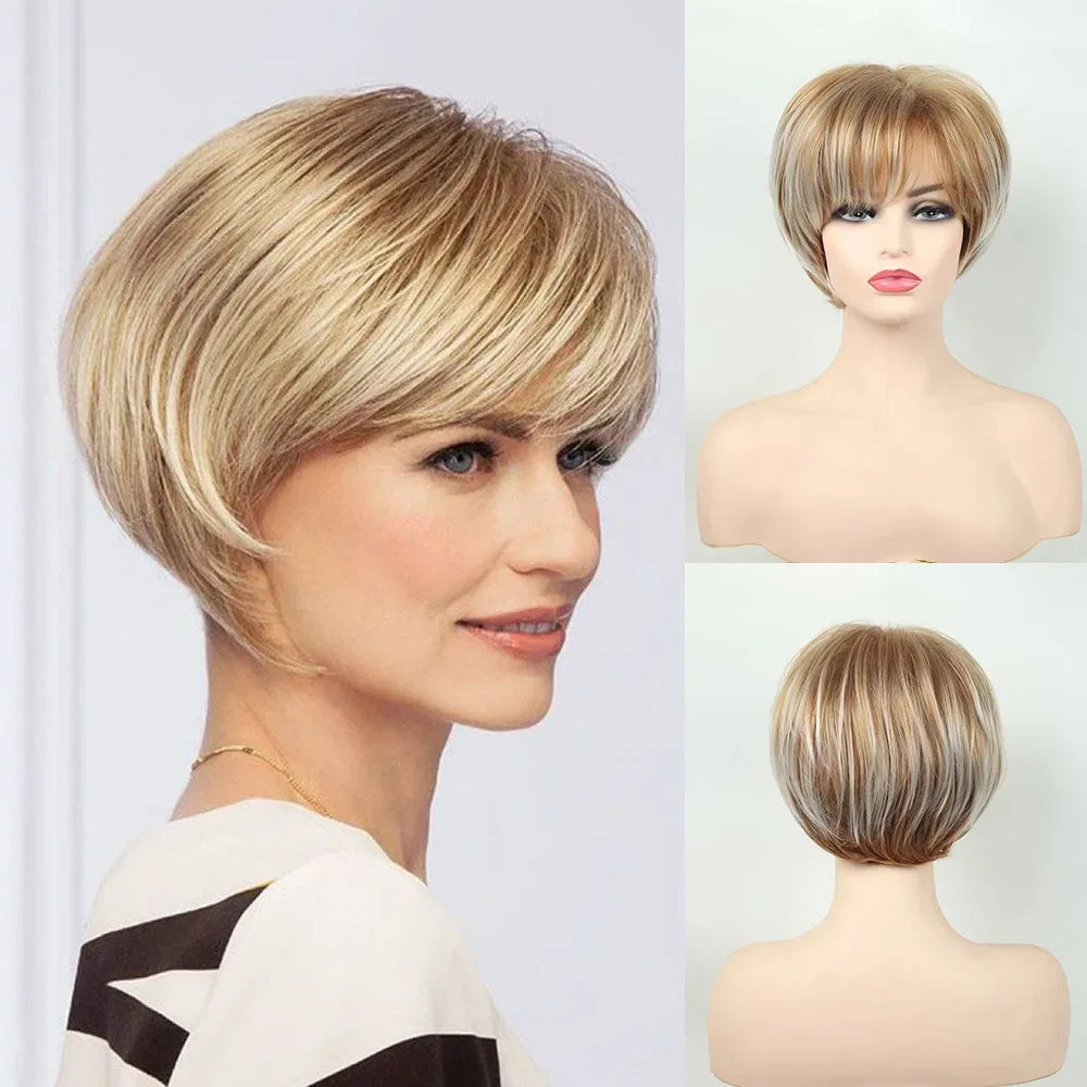 Women's Short Bob Synthetic Wig with Side Part Slanted Bangs – Transparent Lace Cap, High-Temperature Fiber, Small Size.