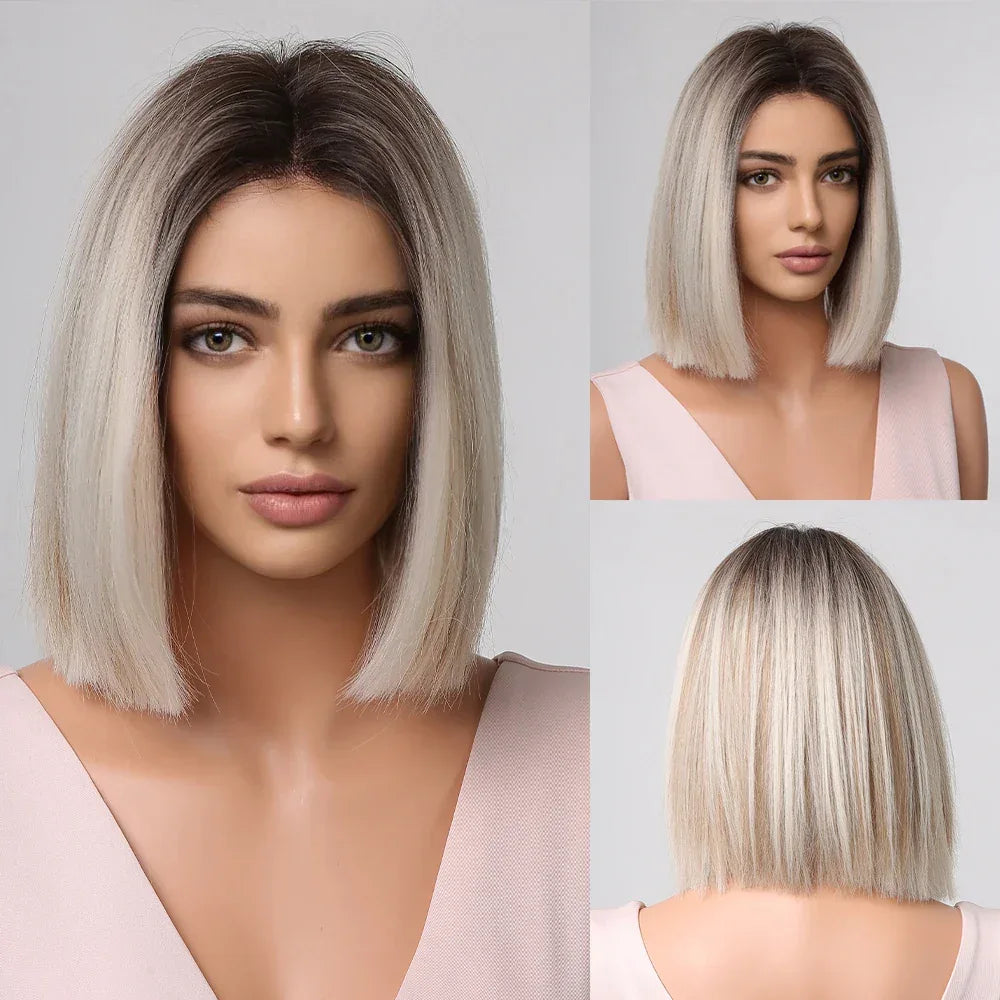 Ombre Blonde Bob Wig for Women - Short Straight Synthetic Hair with Brown Blonde Highlights for Cosplay and Daily Wear - Wig LC2012-1
