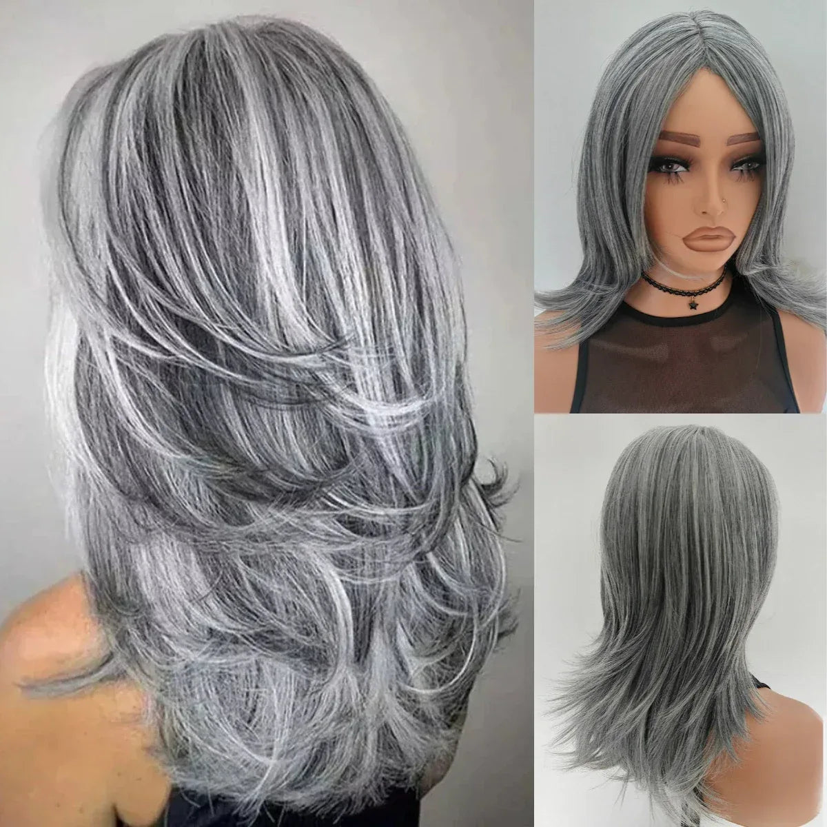 Silvery Gray Ombre Wig - Layered Short Wavy Bob with Curtain Bangs for Women - Silver / 22inches / 1pc
