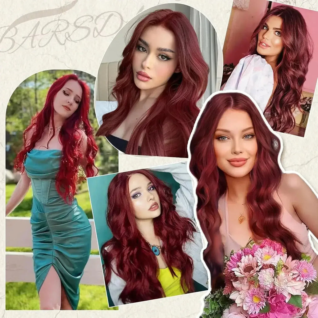 Center-Parted Long Red Curly Synthetic Wig for Halloween, Cosplay, and Daily Use - 