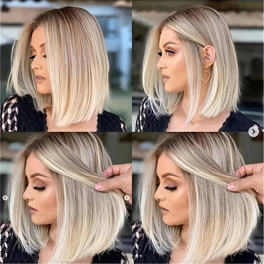 Ombre Bob Wig - Stylish Middle Part Synthetic Hair for Cosplay, Parties and Daily Wear - Brown / 12inches