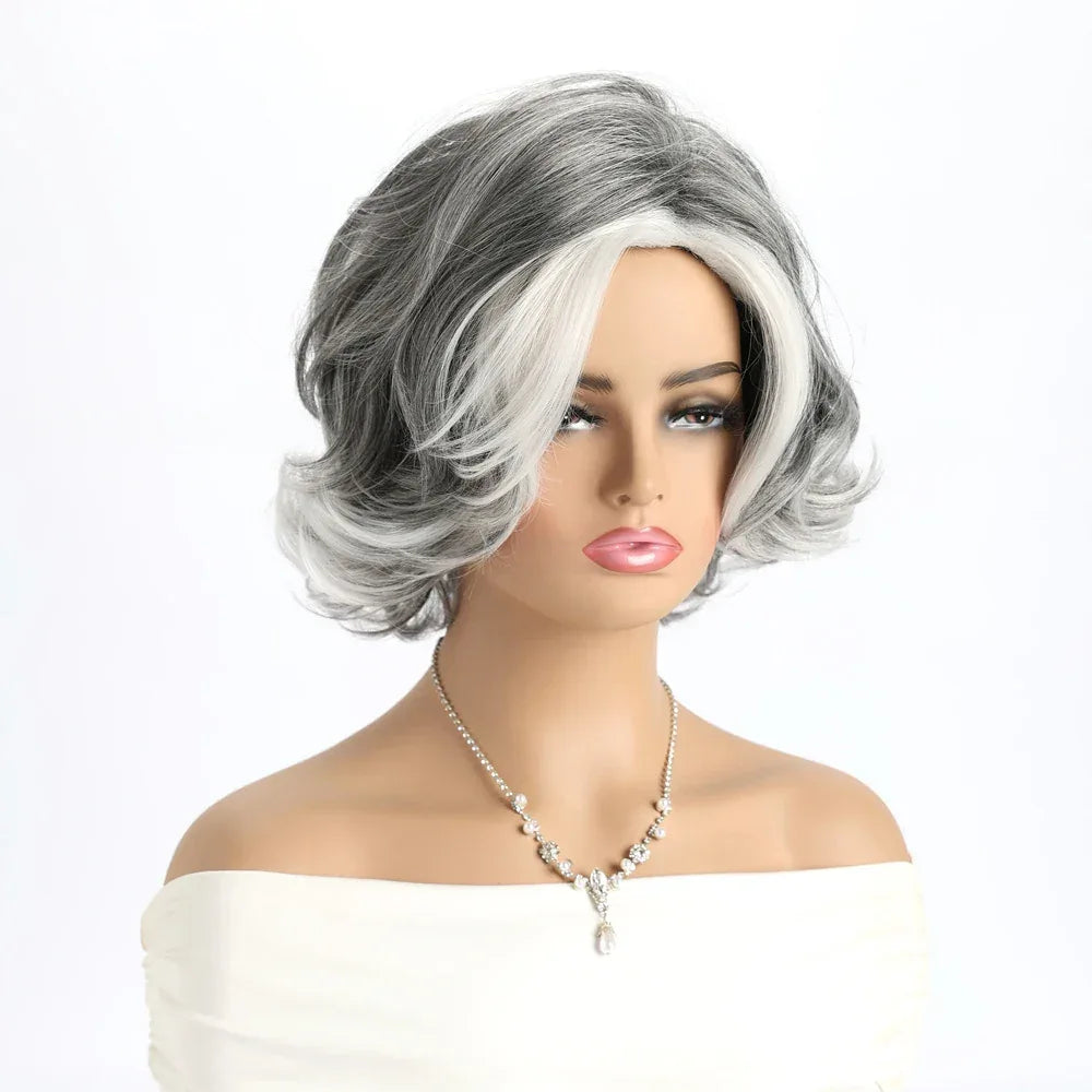 Short Grey Ombre Curly Wig with Bangs - Soft Mommy Hair for Daily Use and Costume Parties