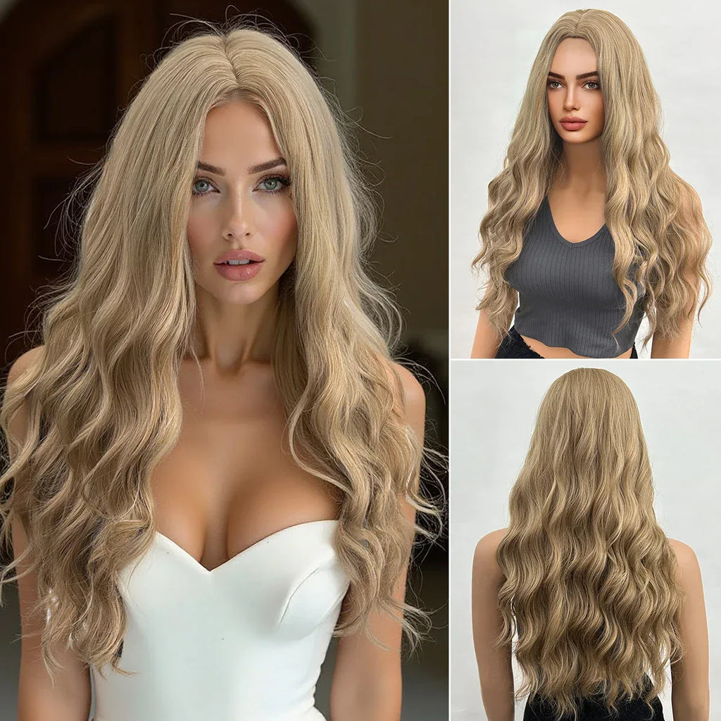 28 Inch Synthetic Wig Light Brown with Highlights - Long Wavy Hair for Everyday and Party Looks 57186-10A 28inches S1639d855a9cc41a78868552654bcdc7de