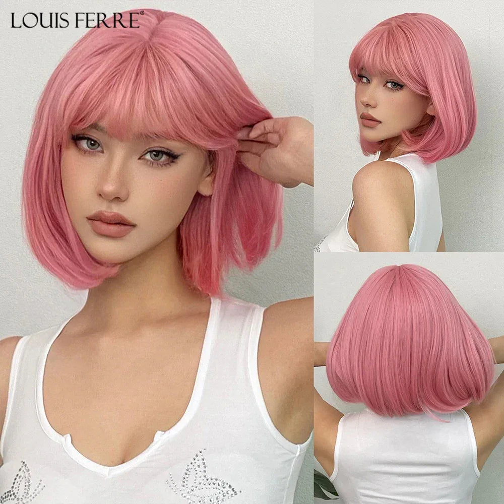 LOUIS FERRE Pink Straight Bob Wig for Women - Short Synthetic Wig with Bangs, Cute Heat Resistant Cosplay Hairstyle.