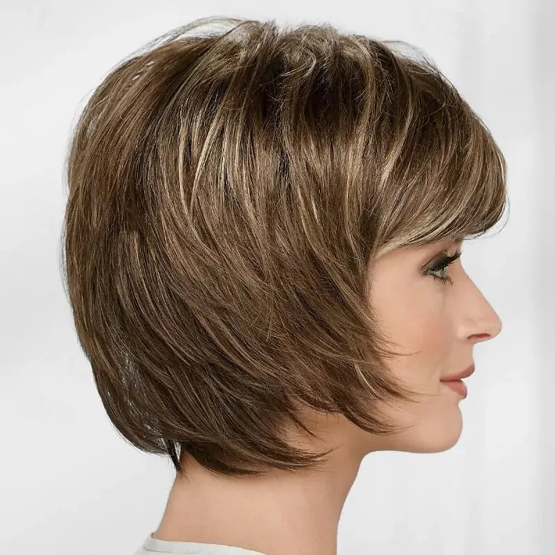HAIRJOY Short Straight Wigs for Women - Synthetic Mixed Brown Wigs with Bangs showcasing a stylish short bob haircut.