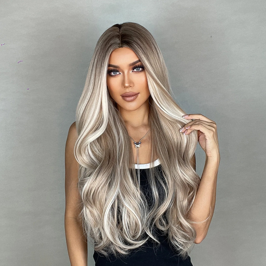 28 Inch Synthetic Wig Light Brown with Highlights - Long Wavy Hair for Everyday and Party Looks S1f8dd6c22ca045bea7eb83bcd6230071p