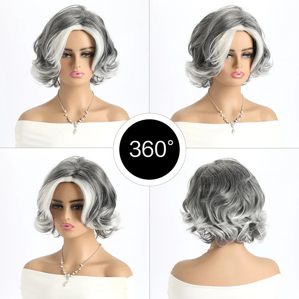 Short Grey Ombre Curly Wig with Bangs - Soft Mommy Hair for Daily Use and Costume Parties, 360-degree view.