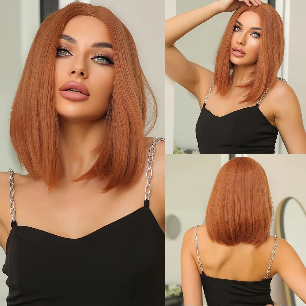 Ombre Blonde Bob Wig for Women - Short Straight Synthetic Hair with Brown Blonde Highlights for Cosplay and Daily Wear - Wig LC2099-1