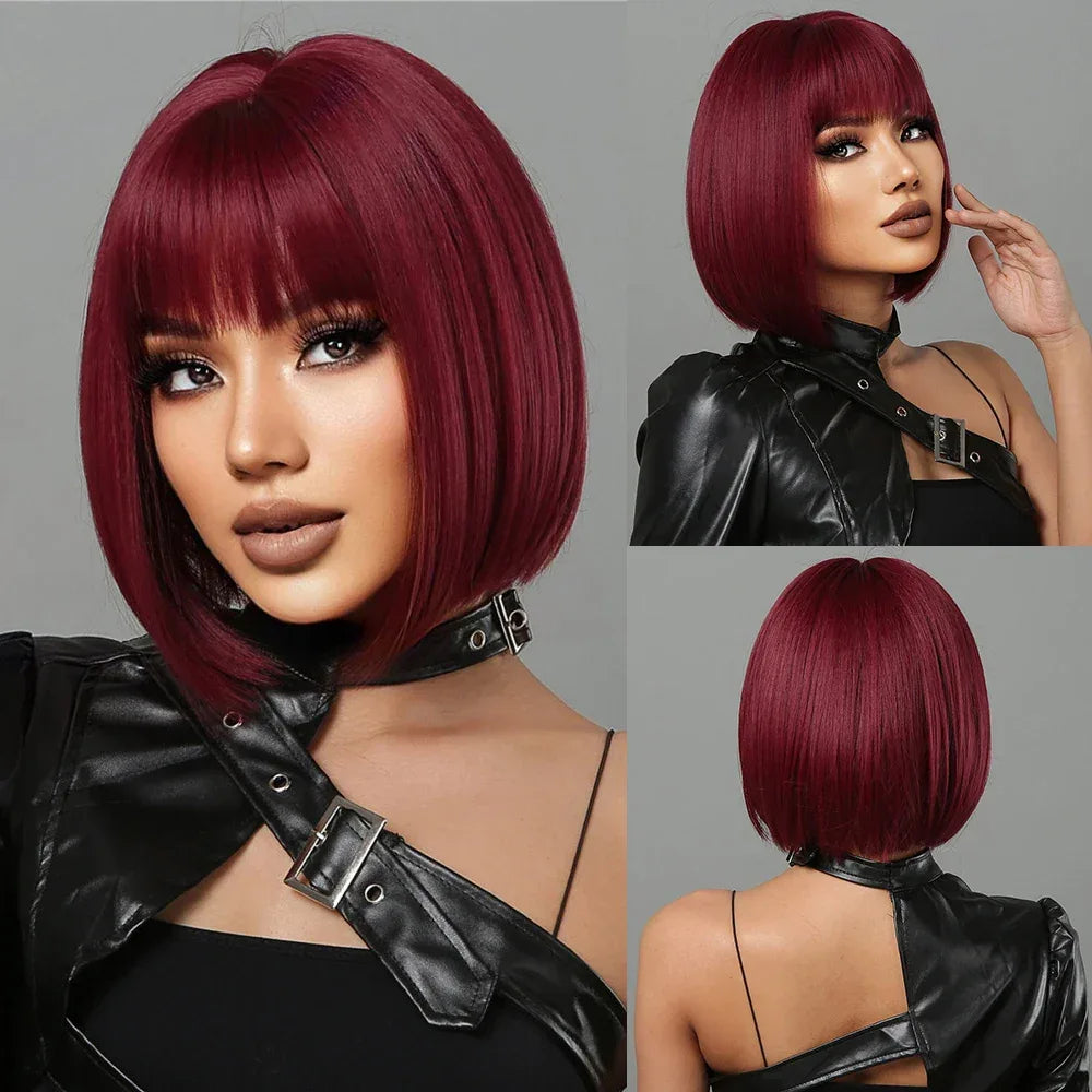 LOUIS FERRE Pink Straight Bob Wig for Women - Short Synthetic Wig with Bangs, Cute Heat Resistant Cosplay Hairstyle