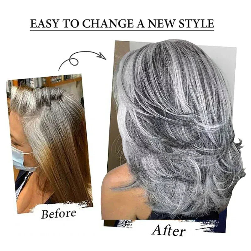Silvery Gray Ombre Wig - Layered Short Wavy Bob with Curtain Bangs for Women S272e35b170b94415bf1ff822002cf0846