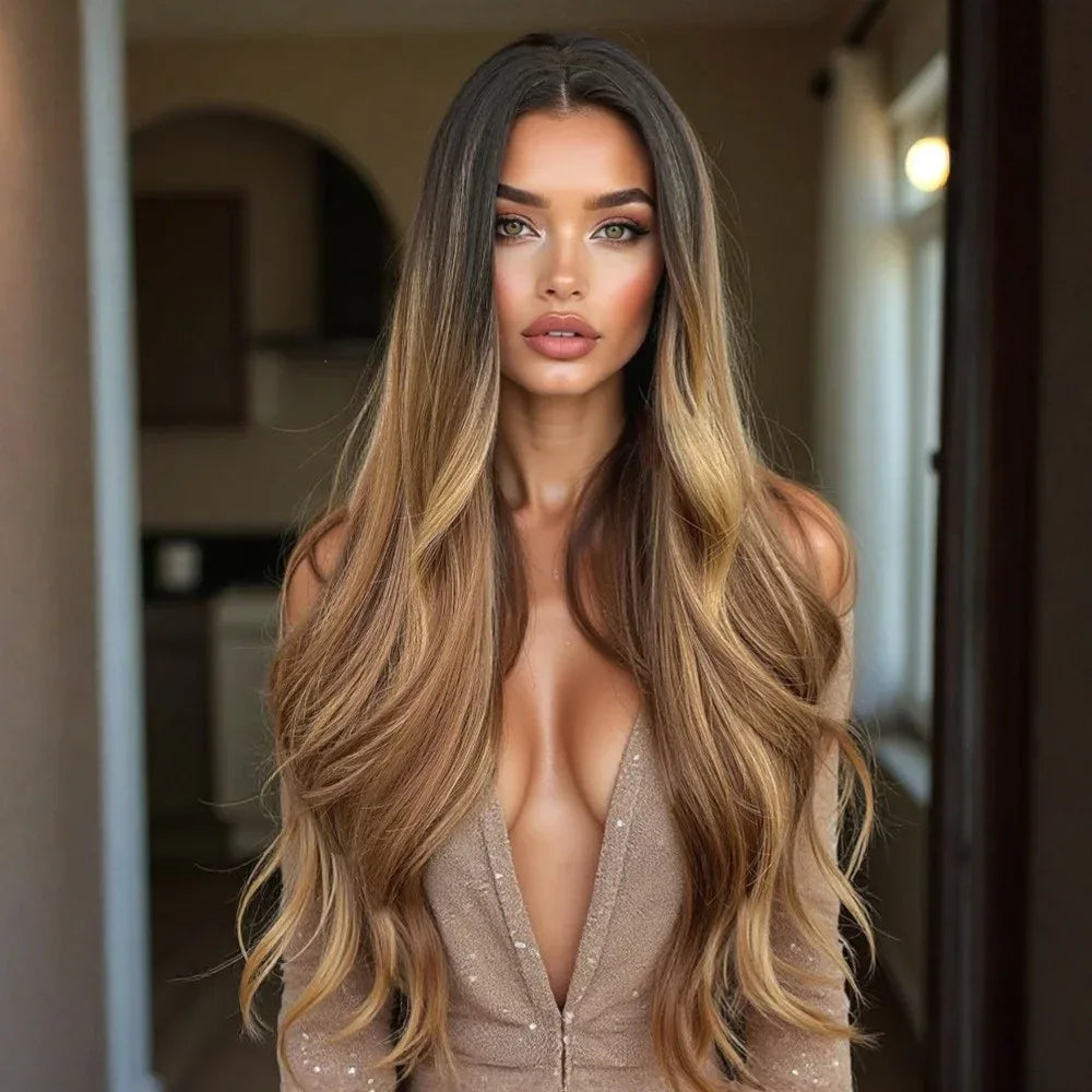 28 Inch Synthetic Wig Light Brown with Highlights - Long Wavy Hair for Everyday and Party Looks
