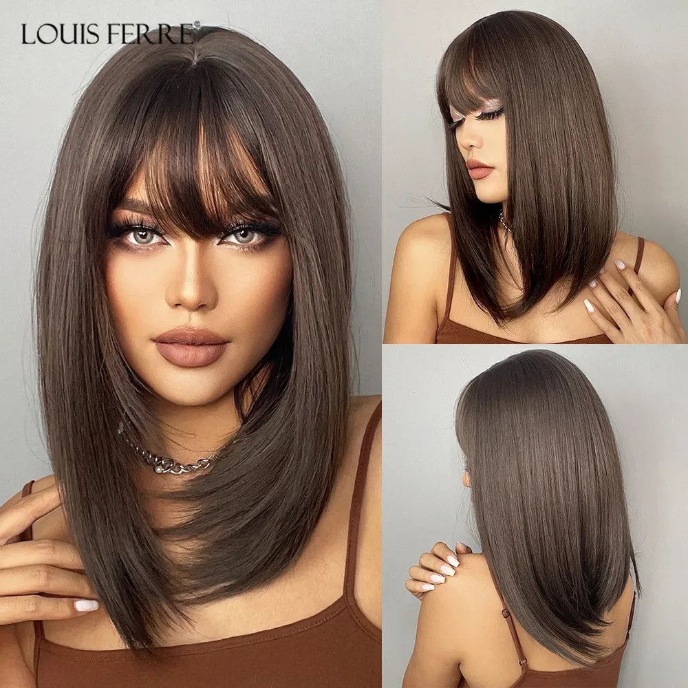 LOUIS FERRE Pink Straight Bob Wig for Women - Short Synthetic Wig with Bangs, Cute Heat Resistant Cosplay Hairstyle