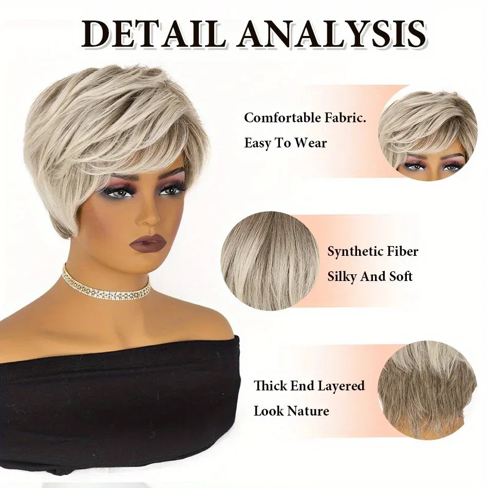 Gray Short Wig for women Daily Wear - Off-White Elf Tailoring, Deep Root Layered Synthetic Fiber - Mixed grey / 4inches / 1pc