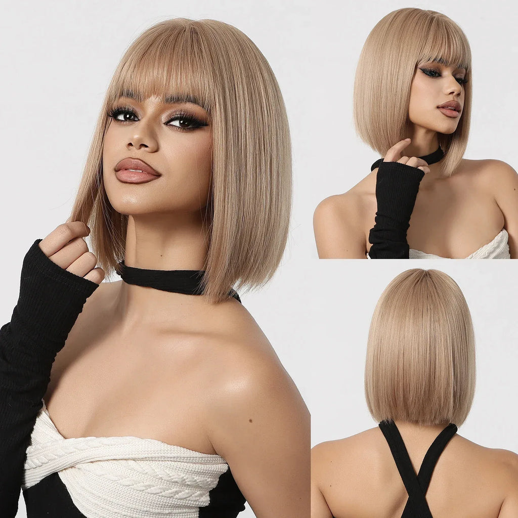 Ombre Blonde Bob Wig for Women - Short Straight Synthetic Hair with Brown Blonde Highlights for Cosplay and Daily Wear - Wig LC1124-1
