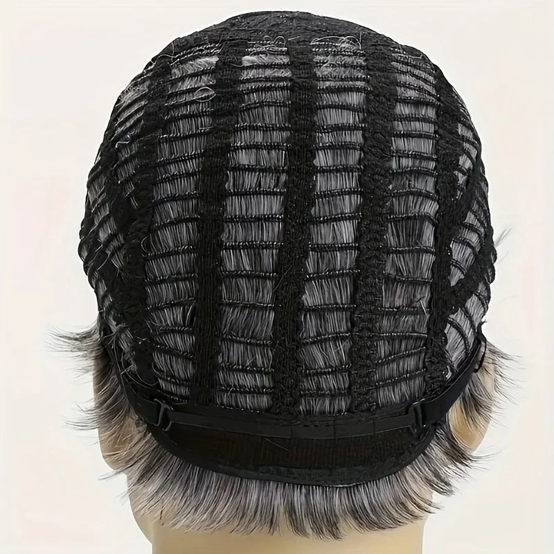 Light Gray Pixie Cut Wig - Thick Synthetic Hair with Rose Mesh Hat for Everyday Wear - rear view design showing cap structure.