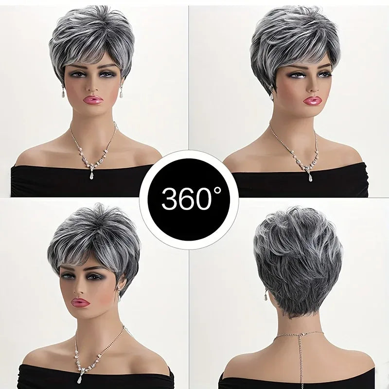Light Gray Pixie Cut Wig - Thick Synthetic Hair with Rose Mesh Hat for Everyday Wear, 360-degree view showcasing the style.