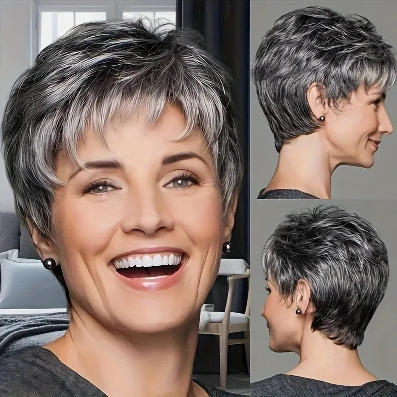 Lady's short gray-white synthetic fiber wig, suitable for daily wear, Cosplay, and as a Mother's Day gift wig accessory - silver grey / 6inches / 1pc