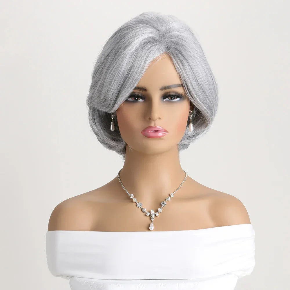 Short Grey Ombre Curly Wig with Bangs - Soft Mommy Hair for Daily Use and Costume Parties displayed on a mannequin.