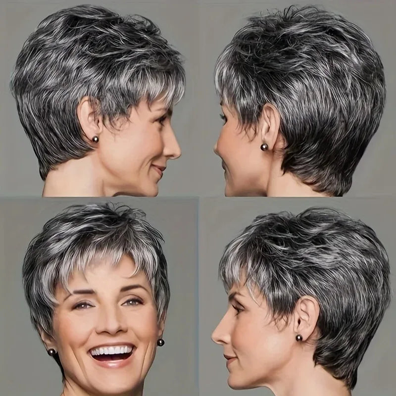 Lady's short gray-white synthetic fiber wig, suitable for daily wear, Cosplay, and as a Mother's Day gift wig accessory - silver grey / 6inches / 1pc
