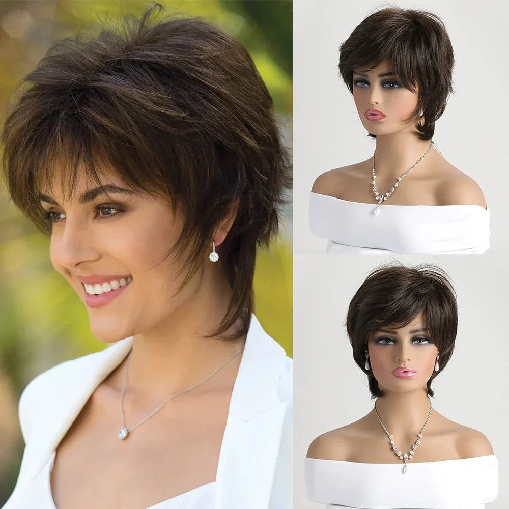 Short Natural Wigs with Bangs - Soft Brown Ombre Curly Synthetic Hair for Daily Use and Costume Parties WIG-378 12inches 1pc S5d022f5097c246c18c59f72418d57eabO