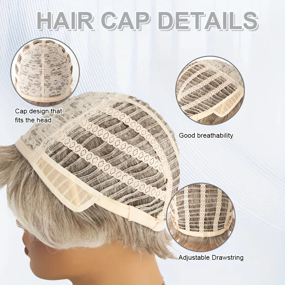 Gray Short Wig for women Daily Wear - Off-White Elf Tailoring, Deep Root Layered Synthetic Fiber S5eab2564bed142288df97e67d1fd8cefR