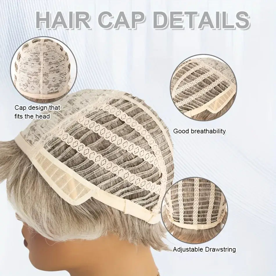 Gray Short Wig for women Daily Wear - Off-White Elf Tailoring, Deep Root Layered Synthetic Fiber - 