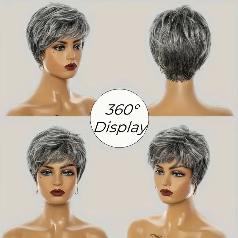 Lady's short gray-white synthetic fiber wig, suitable for daily wear, Cosplay, and as a Mother's Day gift wig accessory - silver grey / 6inches / 1pc