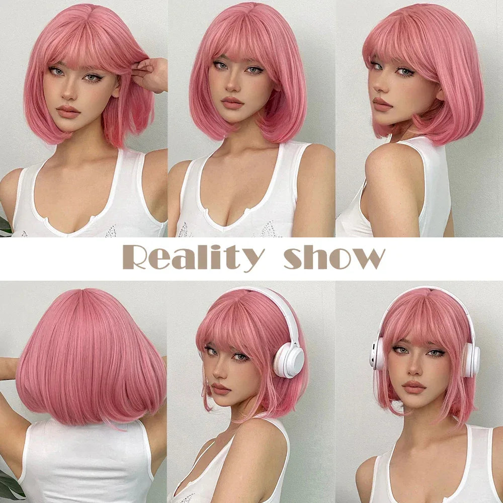 LOUIS FERRE Pink Straight Bob Wig for Women - Short Synthetic Wig with Bangs, Cute Heat Resistant Cosplay Hairstyle