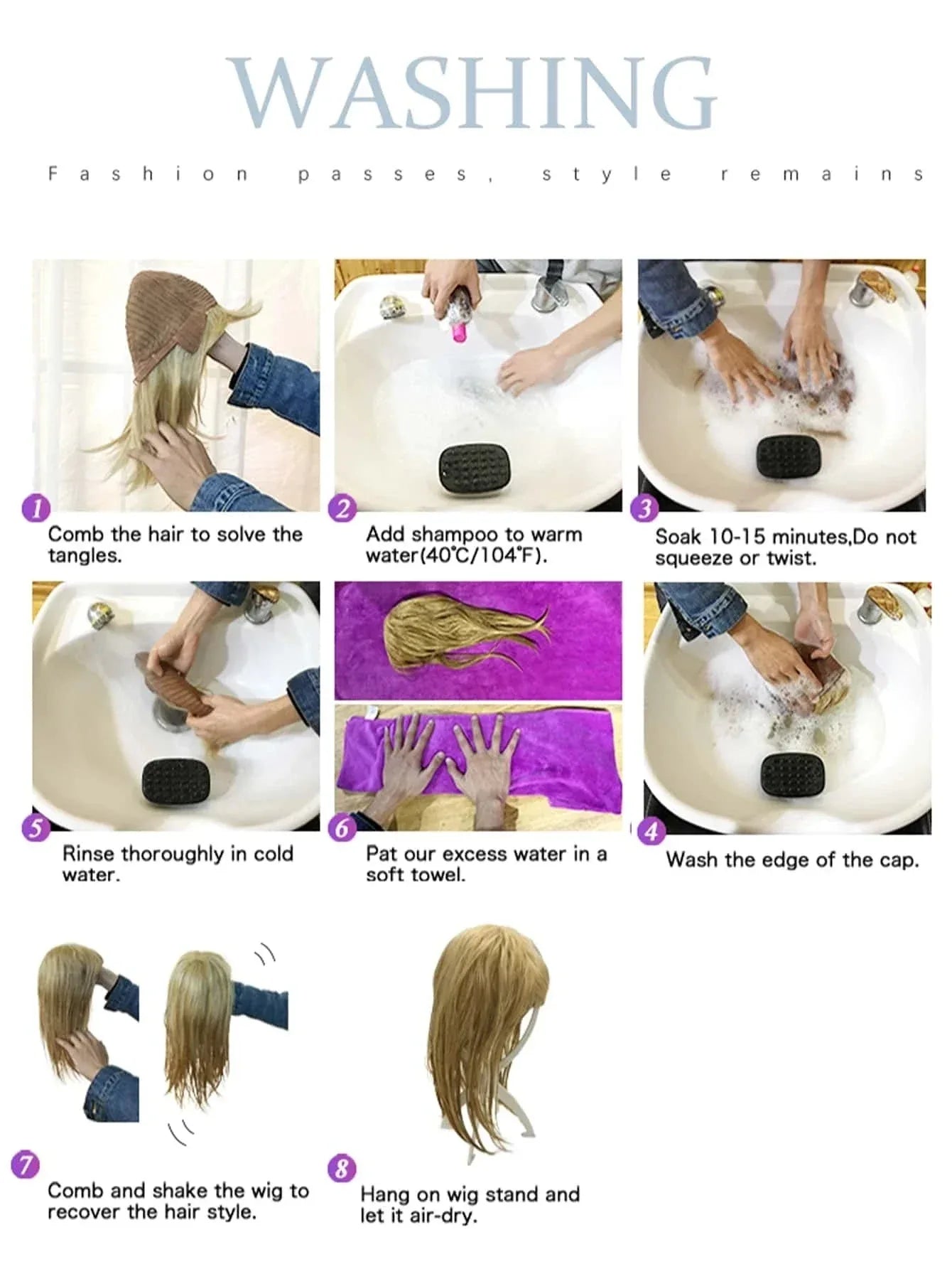 Washing guide for wigs with step-by-step instructions to maintain and care for your wig.