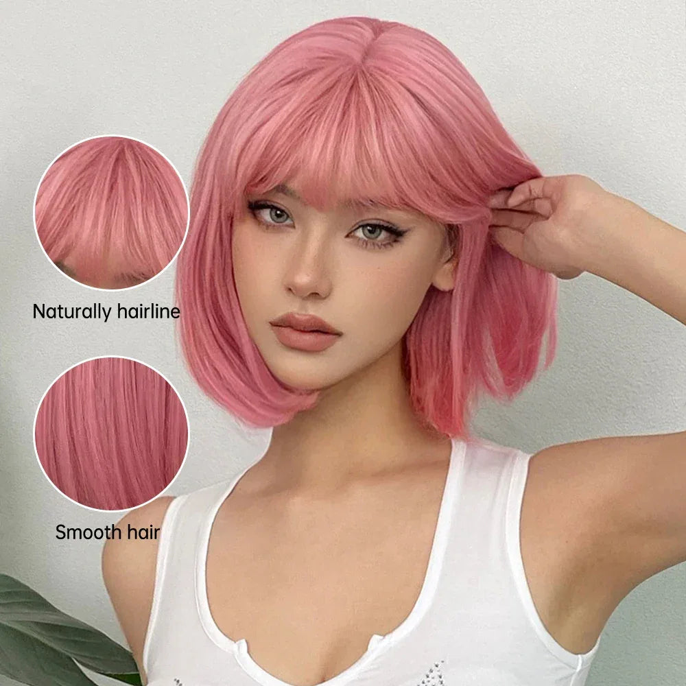 LOUIS FERRE Pink Straight Bob Wig for Women - Short Synthetic Wig with Bangs, Cute Heat Resistant Cosplay Hairstyle S797825a2018e409d8038e7806d923675c