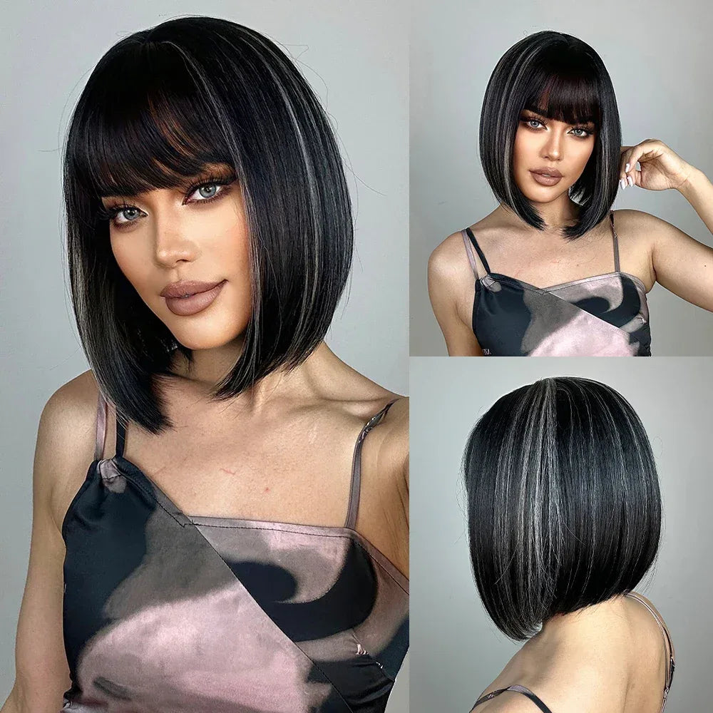 Ombre Blonde Bob Wig for Women - Short Straight Synthetic Hair with Brown Blonde Highlights for Cosplay and Daily Wear - Wig LC2091-3