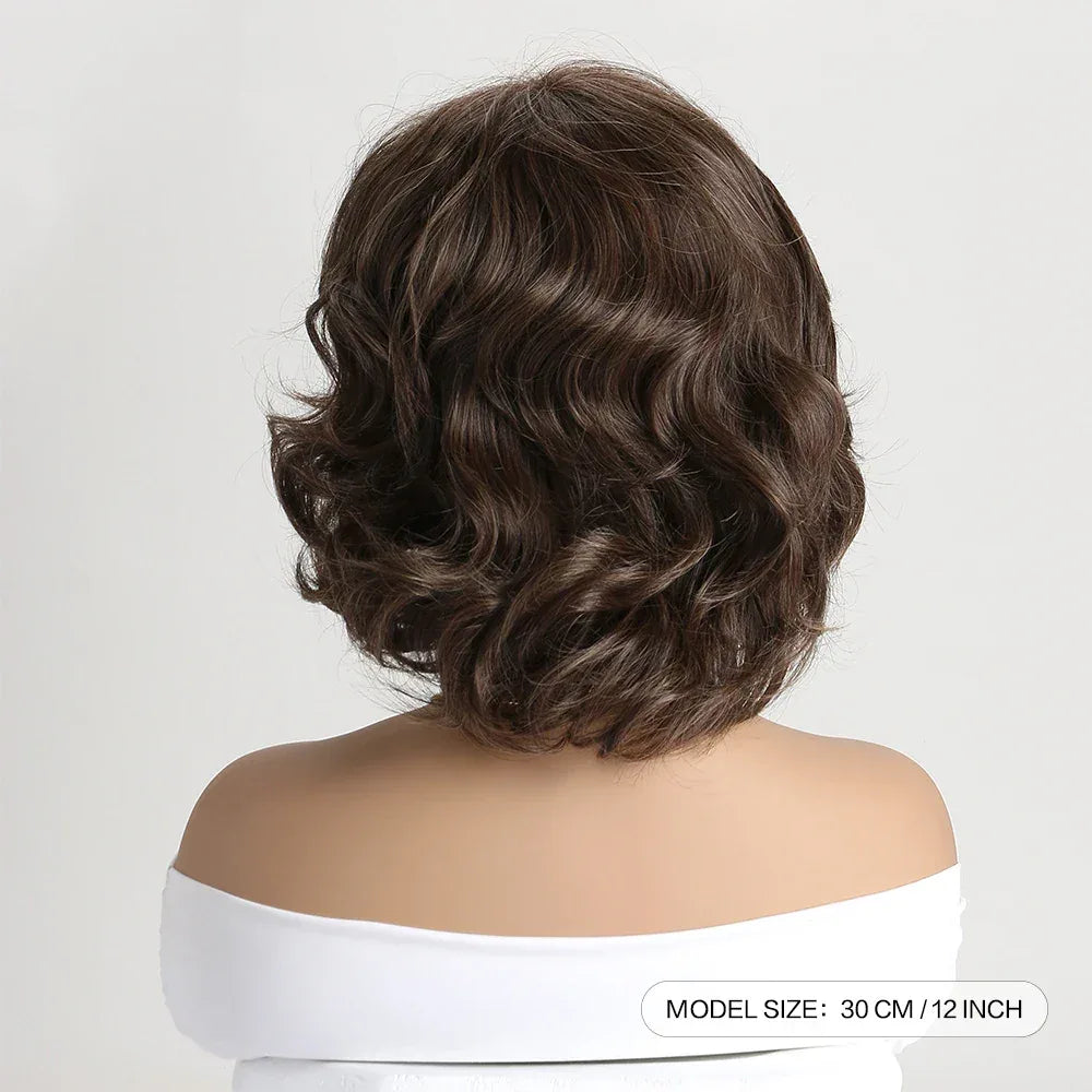 Short Brown Ombre Curly Wig with Bangs - Natural Synthetic Hair for Daily Use, back view showing beautiful curls.